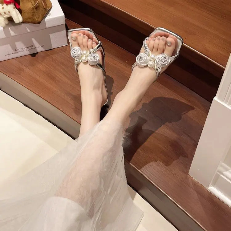 Fashionable Floral Pearl Summer Sandals Women's Trendy Slip-On Shoes Korean Style Elegant Mid Heel PU Leather Artificial Inte