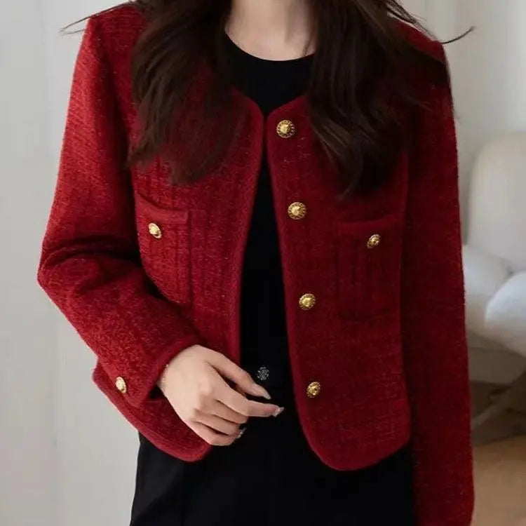 Women's Jacket 2024 Spring Autumn New Red Tweed Small Fragrance Coat Short Blazers Korean Fashion Elegant Female Tops Outerwear