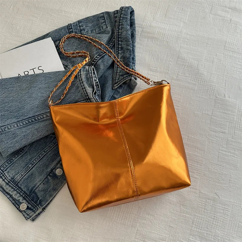 Glossy Tote Bags for Women Fashion High Capacity Shopping Pouch PU Leather Handags Shiny Casual Female Purse Girls Shoulder Bag