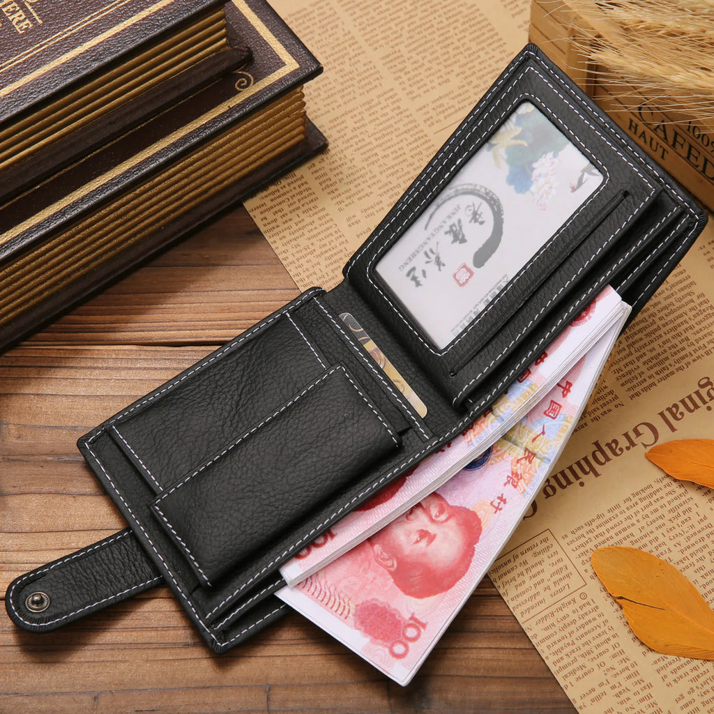 Genuine Leather Mens Wallet Premium Product Real Cowhide Wallets for Man Short Black Walet Portefeuille Homme Short Purses