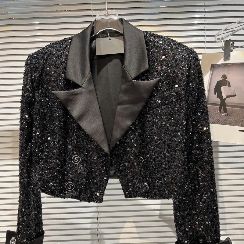 Women's Jackets Woman Clothing Small High Sequined Short Coat Female Autumn Temperament Online Celebrity Suit Collar Shiny Coat