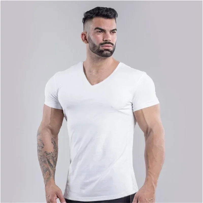 Mens Plain  Summer Cotton Breathable Short Sleeve Shirts Running V-neck T-shirt Gym Bodybuilding Fitness Workout Muscle Clothin
