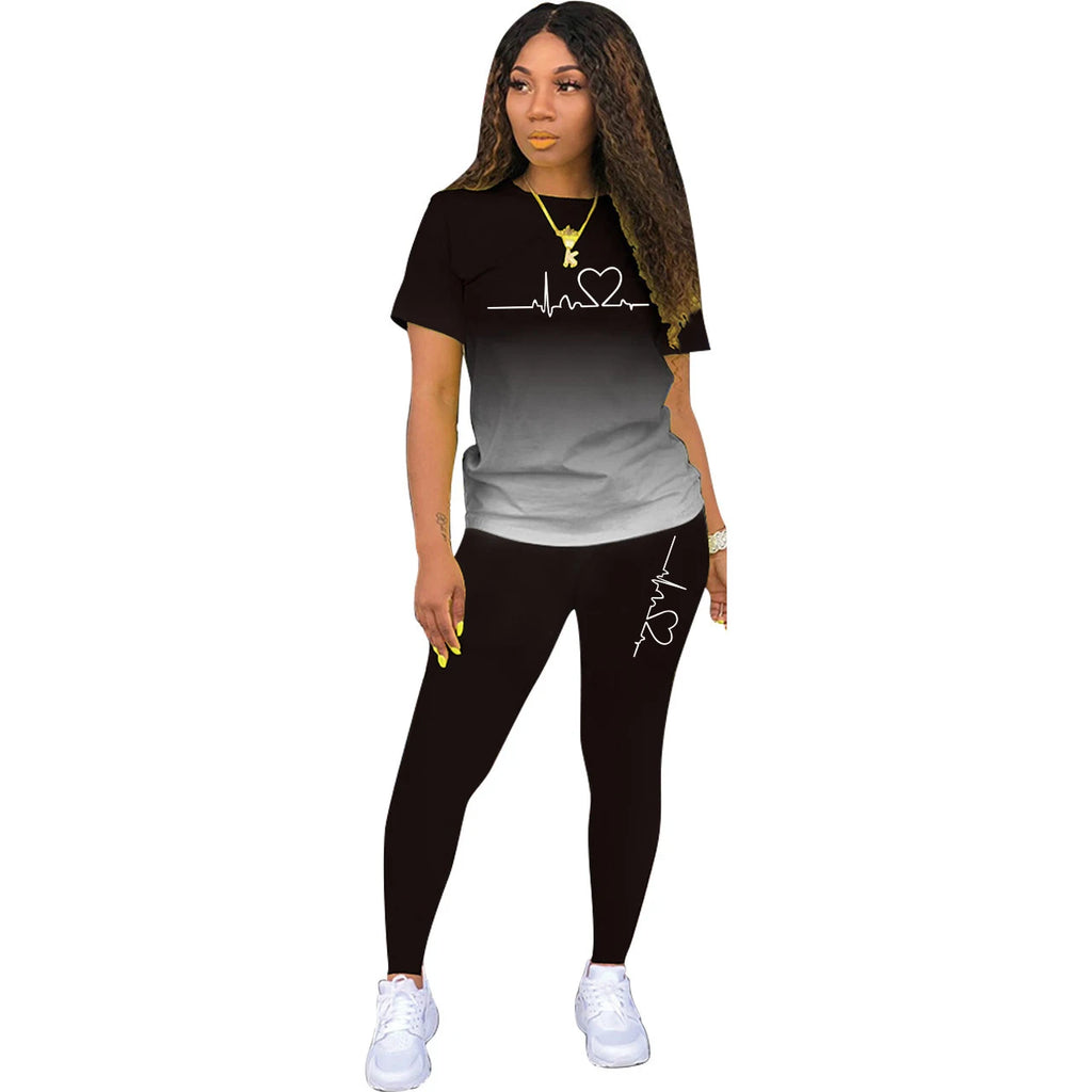 Summer Women Fashion Print Clothes T-shirt and Pants Suit Summer Sport Wear Casual Cotton Yoga Gym Lady Clothes Suit