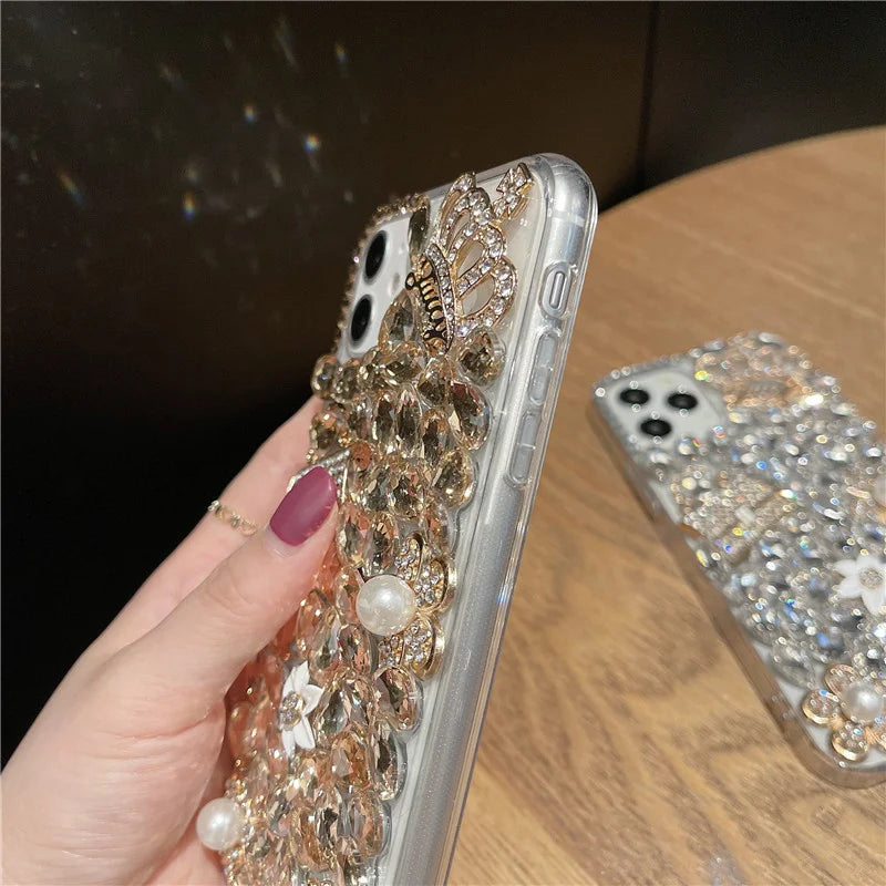 Luxury Bling Flower Diamond Bag Crown Rhinestone Case For iphone 15Pro 14Plus 13 Mini 12 11Pro 17 Air 16 PLUS Cover