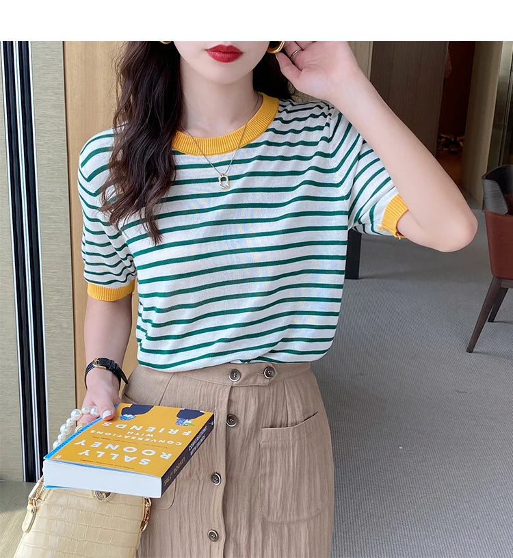 2026 Stripe Tops Women Knitted Round Collar Summer Print Short Sleeve Casual Simple Wild T-Shirt