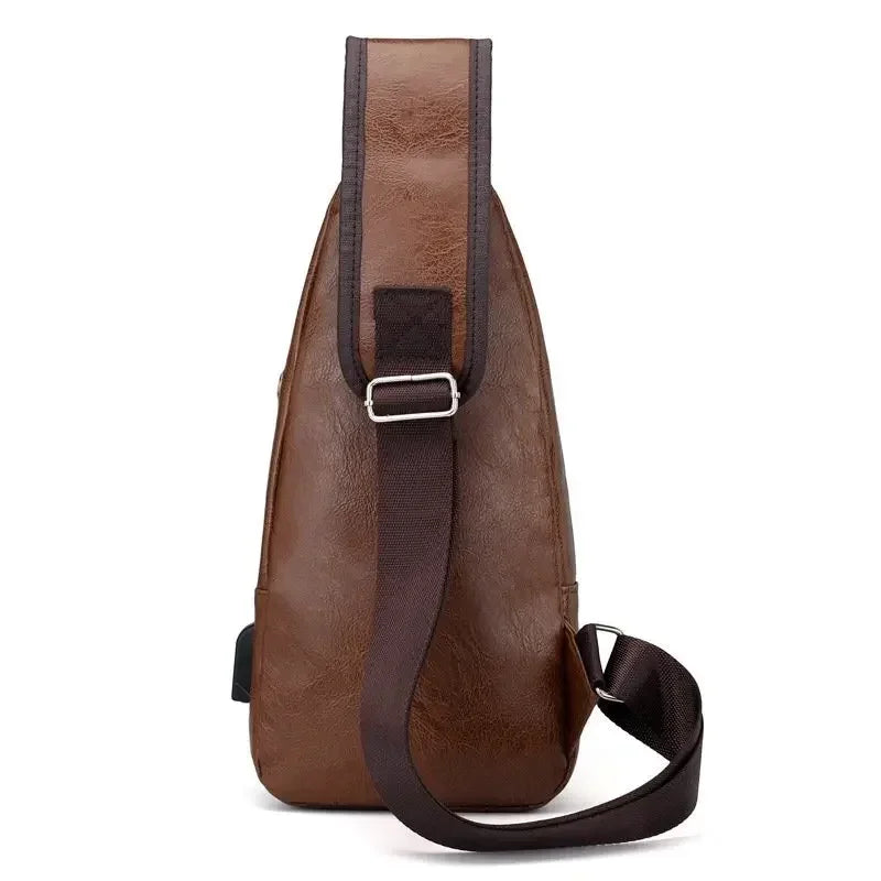 Men's Chest Bags Pack Business Messenger USB Charging Fashion PU Leather Waist Outdoor Casual Sports Brand Single Shoulder Bag