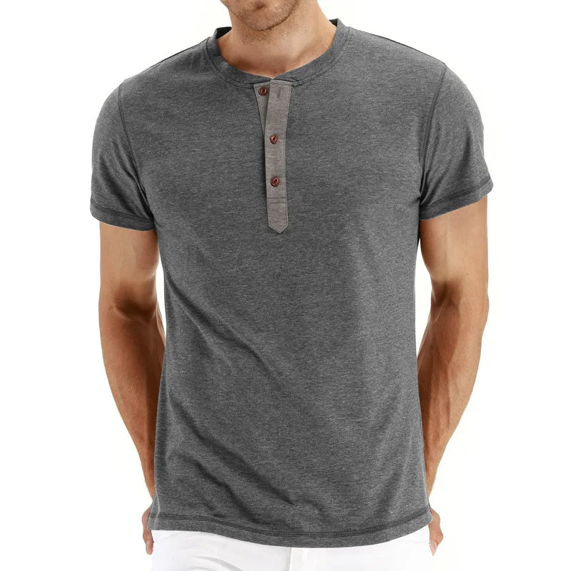 Summer Men T Shirt Short Sleeve Fashion Henley Collar Tshirt Solid Button Casual Men's Tshirts Cotton Tops Tees Mens Clothing