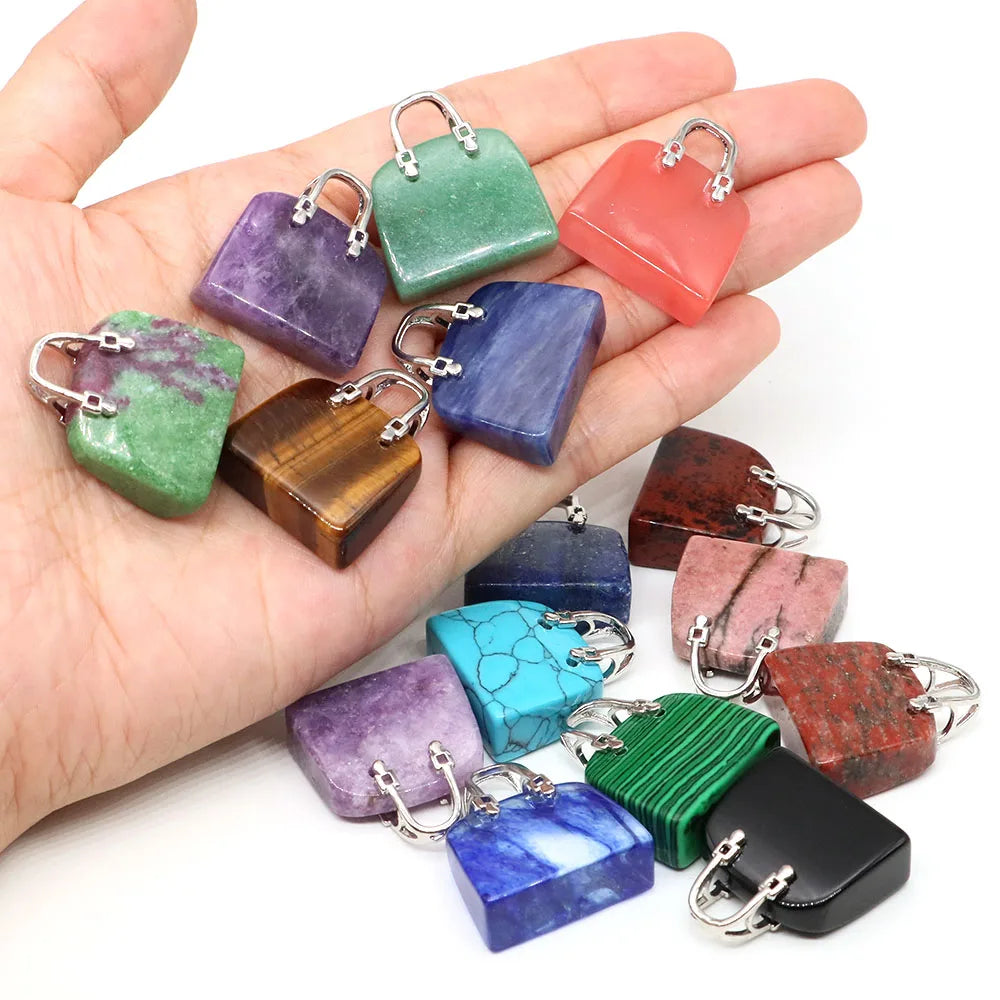Handbag Shape Pendant Natural Crystal Stone Amethyst Quartz Healing Gems Fashion Bag Crafts for Jewelry Making DIY Necklace Gift