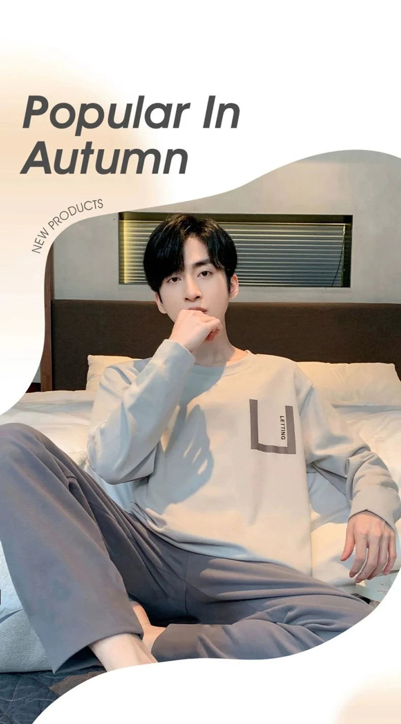 Plus Size Men Pajama Set Long Sleeve Long Pants Student Loose Casual Sleepwear Loungewear Two Piece Set Cartoon Nightwear