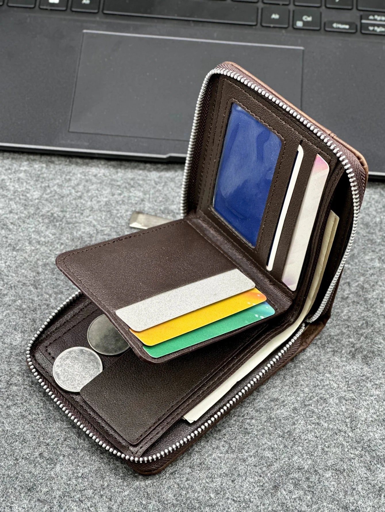 Zippered Slim Mens PU Wallet - Compact Size for Coins & Cards - Business Design