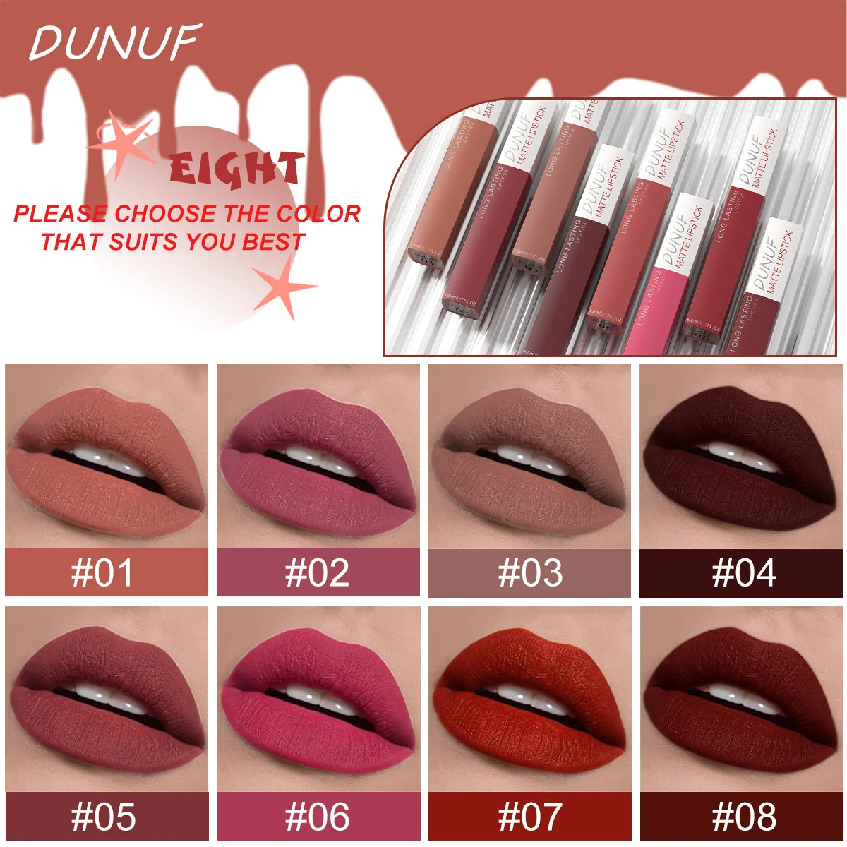 Long-Lasting Lip Gloss 1pcs: Matte Lipstick Non-Stick Cup Waterproof Nude Deep Red Mauve Christmas And Valentine's Day Gifts