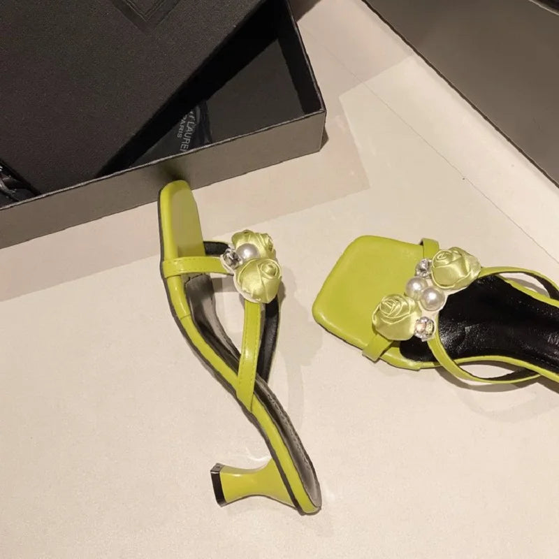 Fashionable Floral Pearl Summer Sandals Women's Trendy Slip-On Shoes Korean Style Elegant Mid Heel PU Leather Artificial Inte