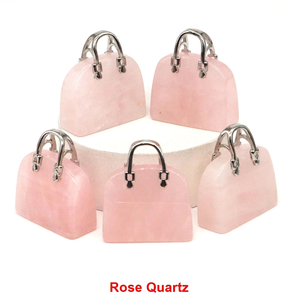 Handbag Shape Pendant Natural Crystal Stone Amethyst Quartz Healing Gems Fashion Bag Crafts for Jewelry Making DIY Necklace Gift