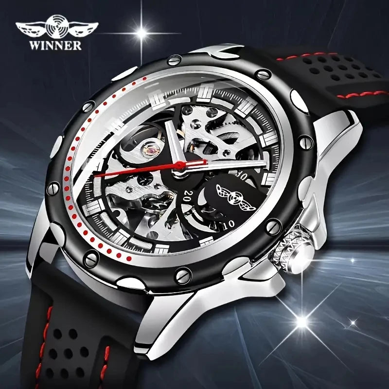 [1 Mechanical Watch for Men] Men's Fashion Mechanical Watch - Casual Style Hollow Design, 30m Waterproof, Round Alloy Case, Silicone Strap, Automatic Winding Movement - Elegant High-End Casual Business Watch, No Battery