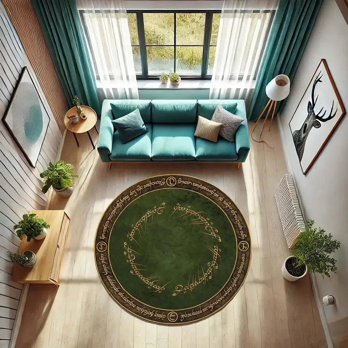 Middle Earth Rug, Fantasy Round Green Carpet, Magic Circle Floor Mat for Themed Room Entrance Gaming Bedroom Gaming Decor