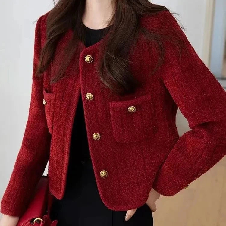 Women's Jacket 2024 Spring Autumn New Red Tweed Small Fragrance Coat Short Blazers Korean Fashion Elegant Female Tops Outerwear