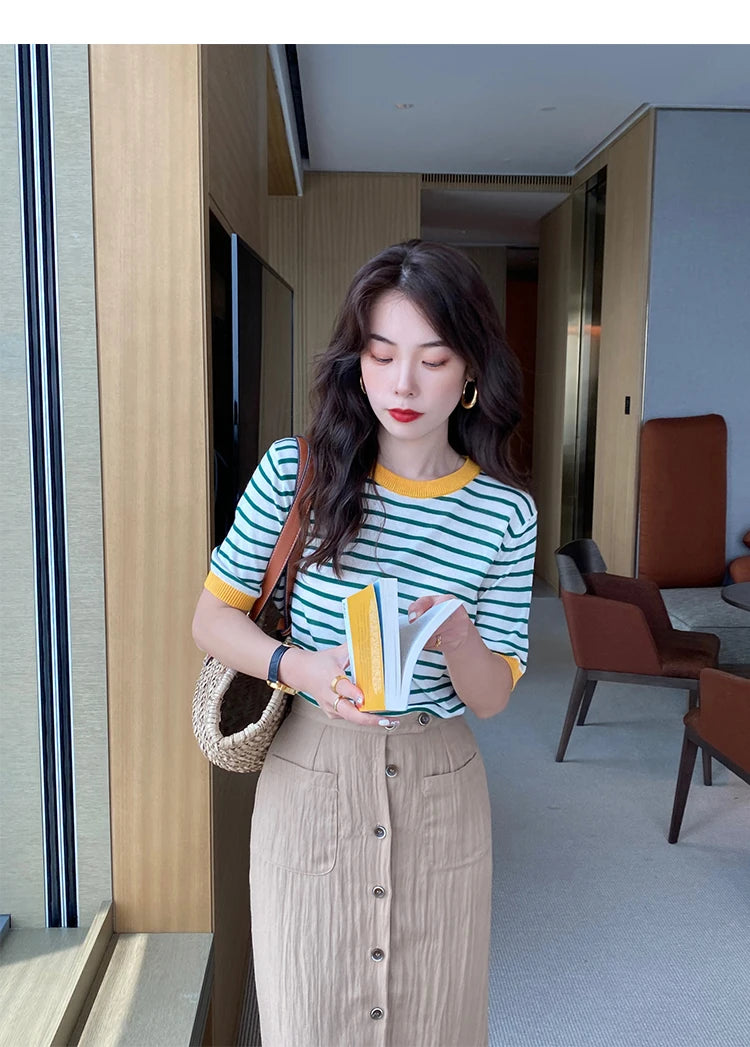 2026 Stripe Tops Women Knitted Round Collar Summer Print Short Sleeve Casual Simple Wild T-Shirt