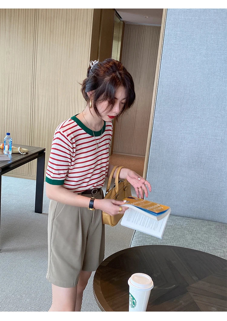 2026 Stripe Tops Women Knitted Round Collar Summer Print Short Sleeve Casual Simple Wild T-Shirt