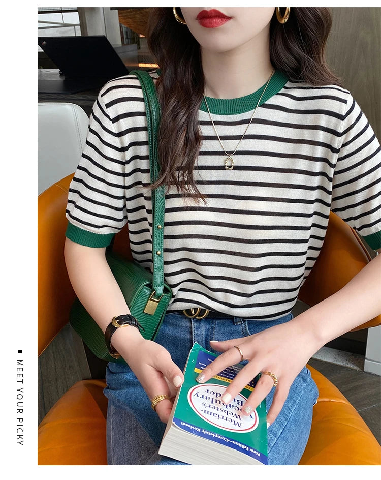 2026 Stripe Tops Women Knitted Round Collar Summer Print Short Sleeve Casual Simple Wild T-Shirt