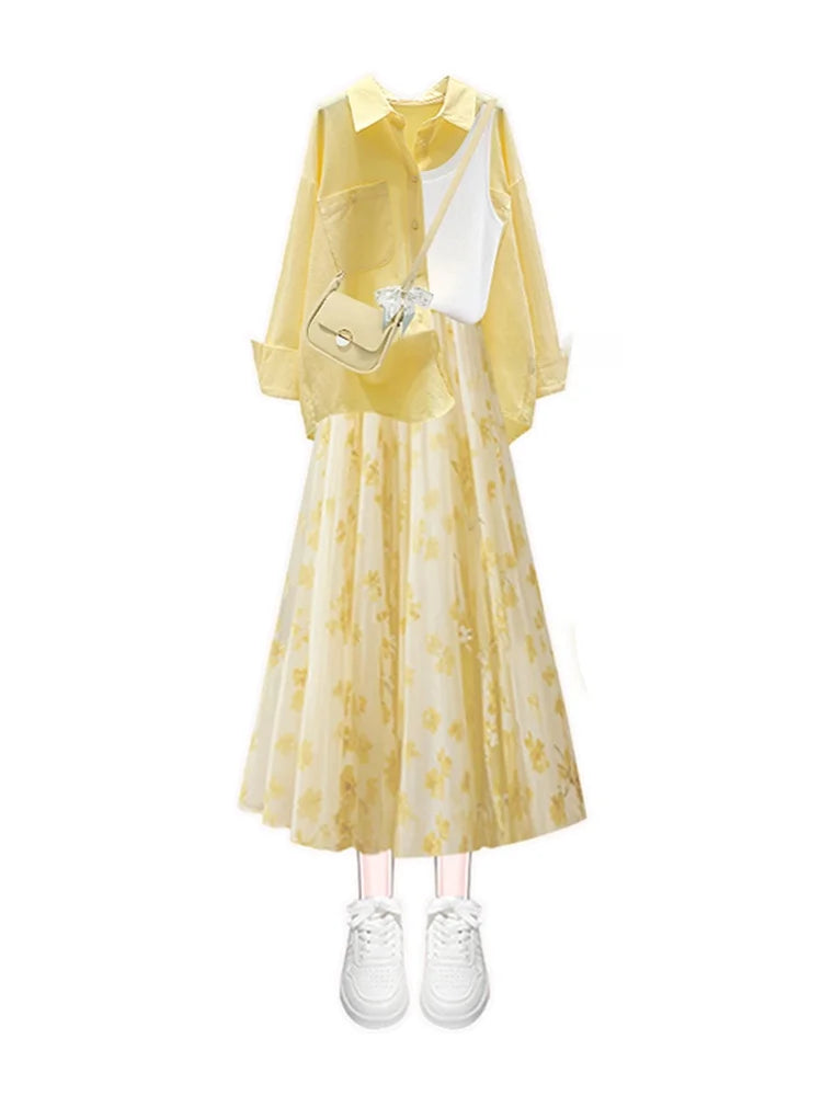 Summer Ele Yellow irt Inner Wear Vest High Waist Slim Floral f-length Skirt Tee-piece Set Women's Faion Ensemble