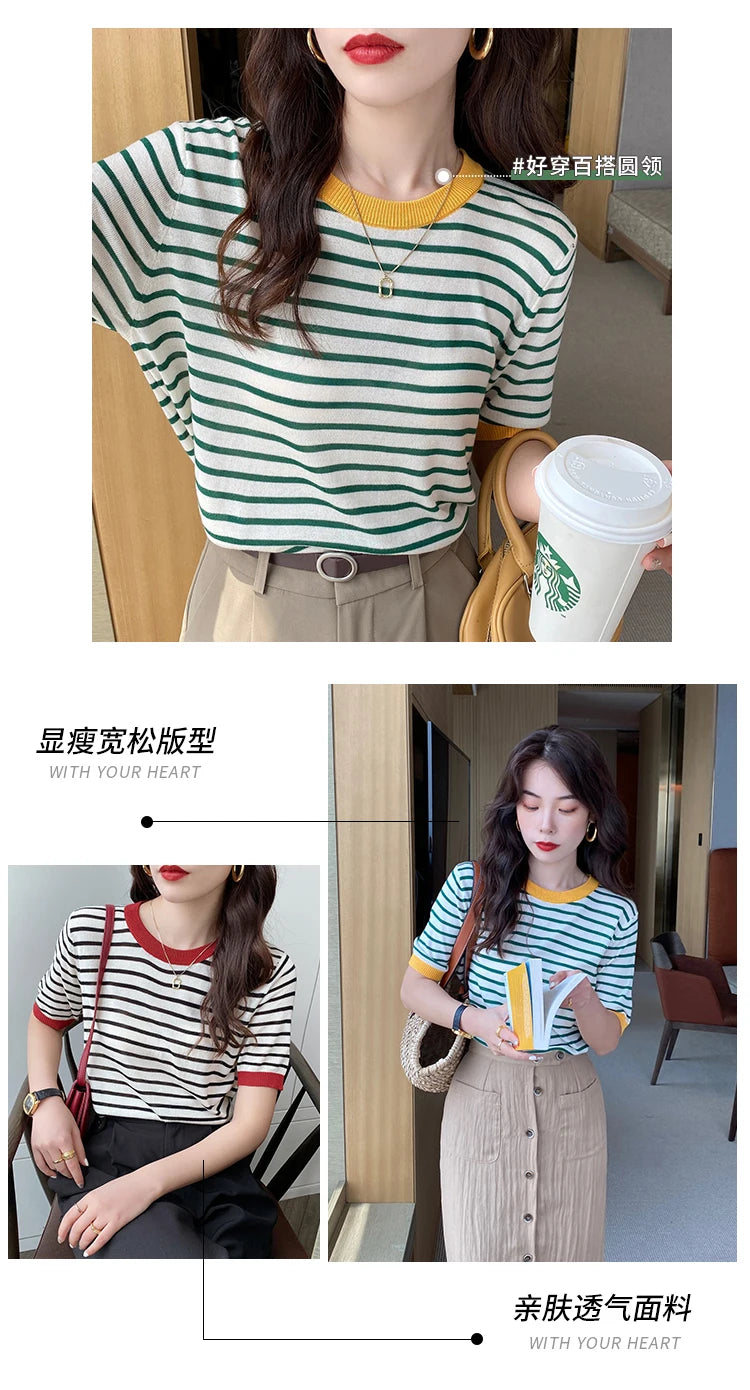 2026 Stripe Tops Women Knitted Round Collar Summer Print Short Sleeve Casual Simple Wild T-Shirt