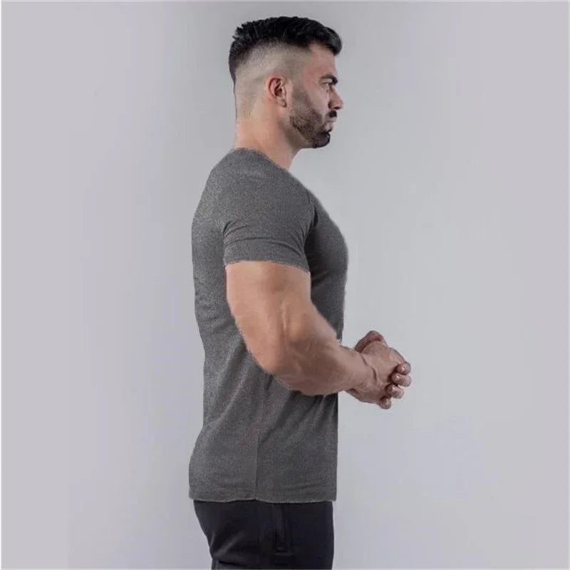 Mens Plain  Summer Cotton Breathable Short Sleeve Shirts Running V-neck T-shirt Gym Bodybuilding Fitness Workout Muscle Clothin