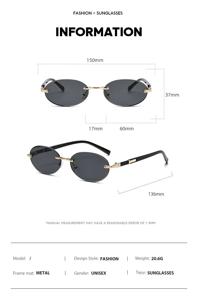 Popular Women Shades Oval Sun Glasses for Female Male Summer Glasses UV400 Rimless Sun Glasses Round Fashion Gafas De Sol Очки