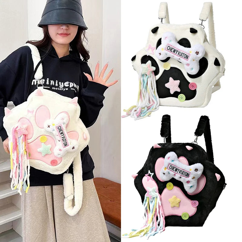 Girls Lovely Backpack cow Bones Cat Paws Plush Bags for Woman Streetwear Cosplay Apparel Bags Girls Wallet Phone Shoulders Bag