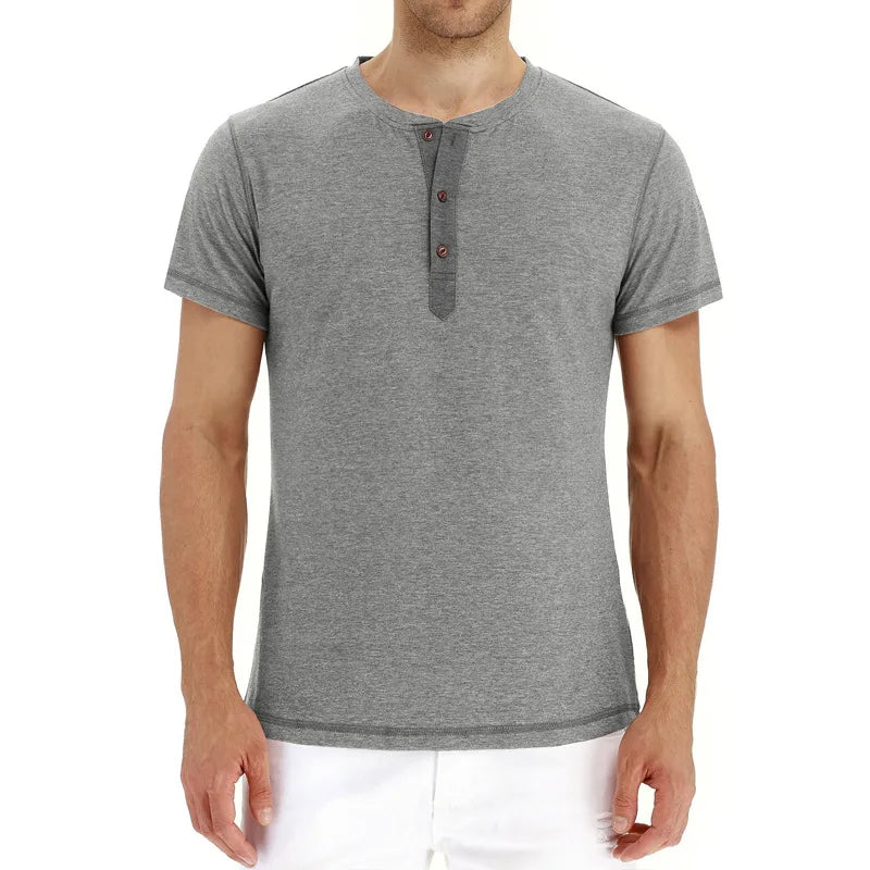 Summer Men T Shirt Short Sleeve Fashion Henley Collar Tshirt Solid Button Casual Men's Tshirts Cotton Tops Tees Mens Clothing