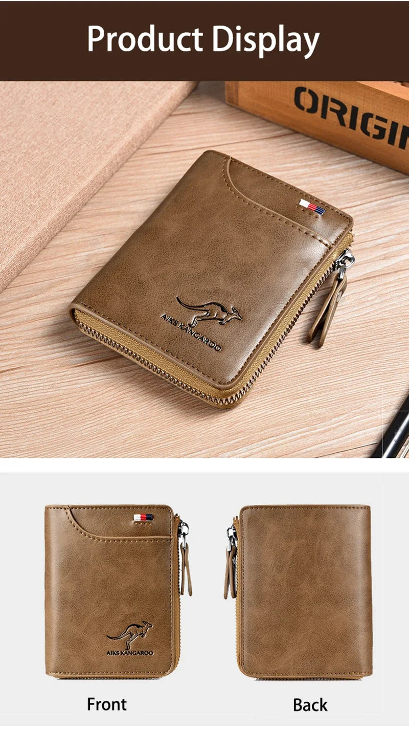 Mens RFID Protected Leather Wallet - Luxury Zippered Card Holder Purse for Business Cards with Elegant Carteira Masculina Style