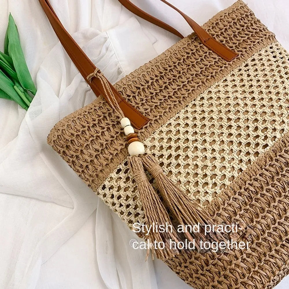Girls Gift Hollow Out Straw Shoulder Bag Breathable Casual Summer Beach Bag Portable Bohemian Weave Tote Bag Outdoor