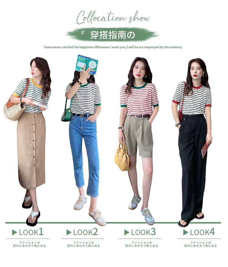 2026 Stripe Tops Women Knitted Round Collar Summer Print Short Sleeve Casual Simple Wild T-Shirt