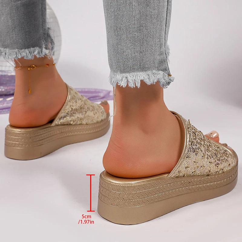 Women's Luxury Sequins Decor Gold Sandals 2026 Summer Thick Sole Platform Wedge Sandals Woman Plus Size 43 Designer Sandalias