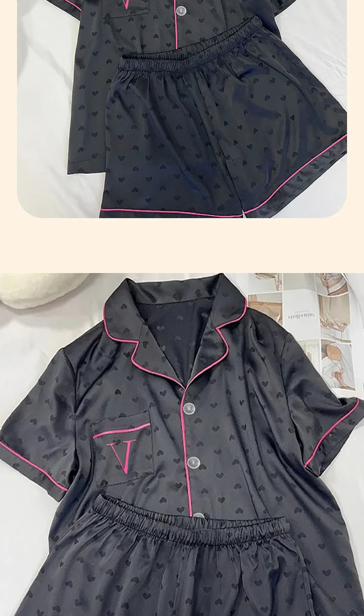Summer Nightwear for Women: Ice-Silk Cool-Touch Short-Sleeved Premium Black Heart-Print Outerwear-Style Loungewear Fashion Set