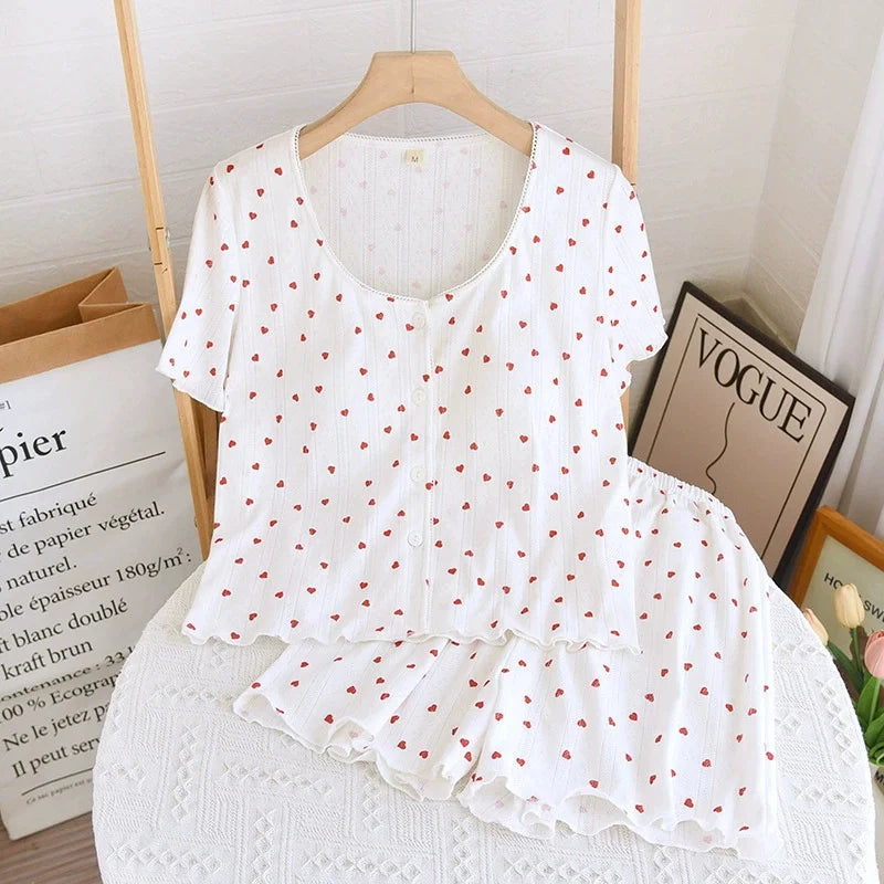 Summer Sleepwear Clothes for Ladies Knitted Printed Cardigan Short Sleeved Shorts 2 Pcs Women's Loose Home Clothes
