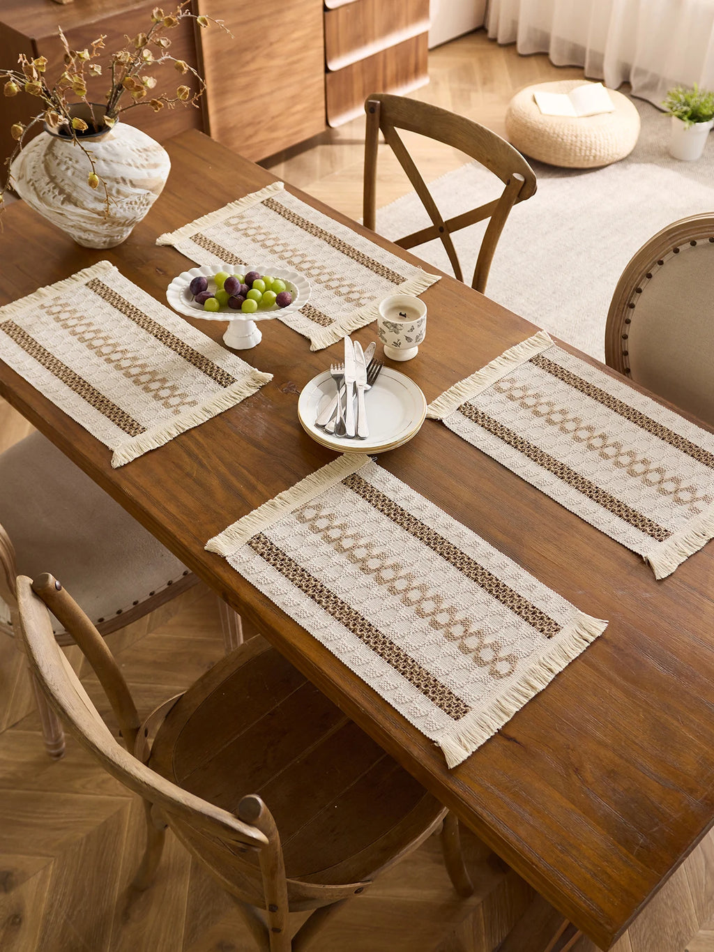 Placemat Set of 4，Handmade Boho Natural Cotton Burlap and Water Straw Woven Combination Table Mats, Macrame Décor and Farmhouse