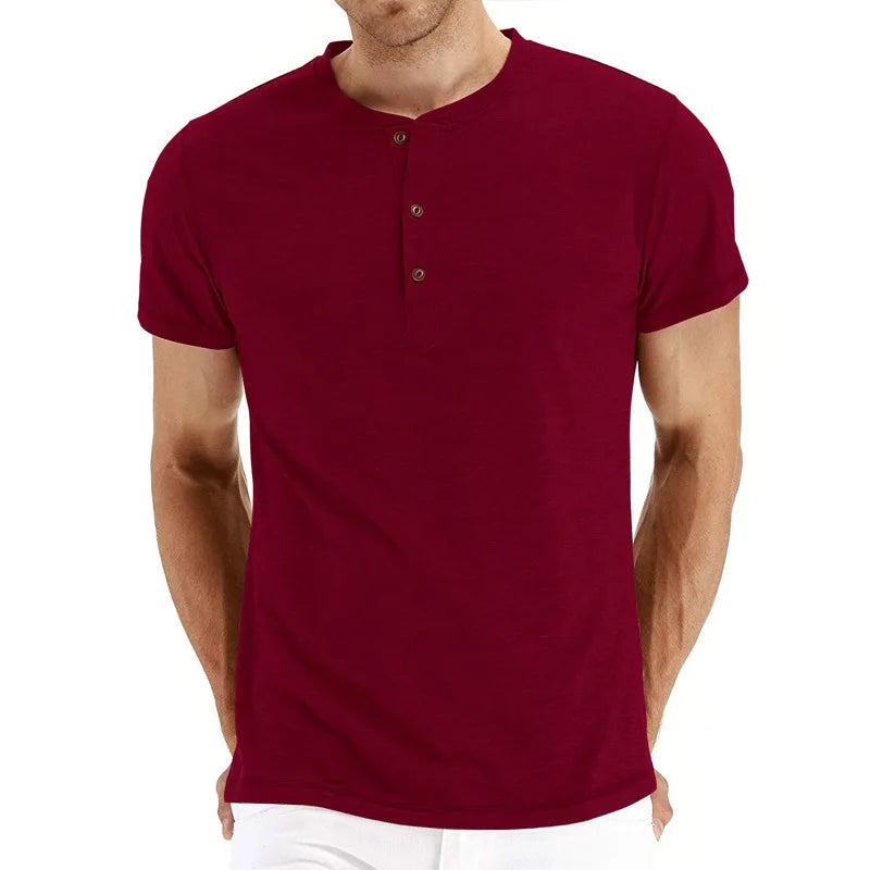 Summer Men T Shirt Short Sleeve Fashion Henley Collar Tshirt Solid Button Casual Men's Tshirts Cotton Tops Tees Mens Clothing