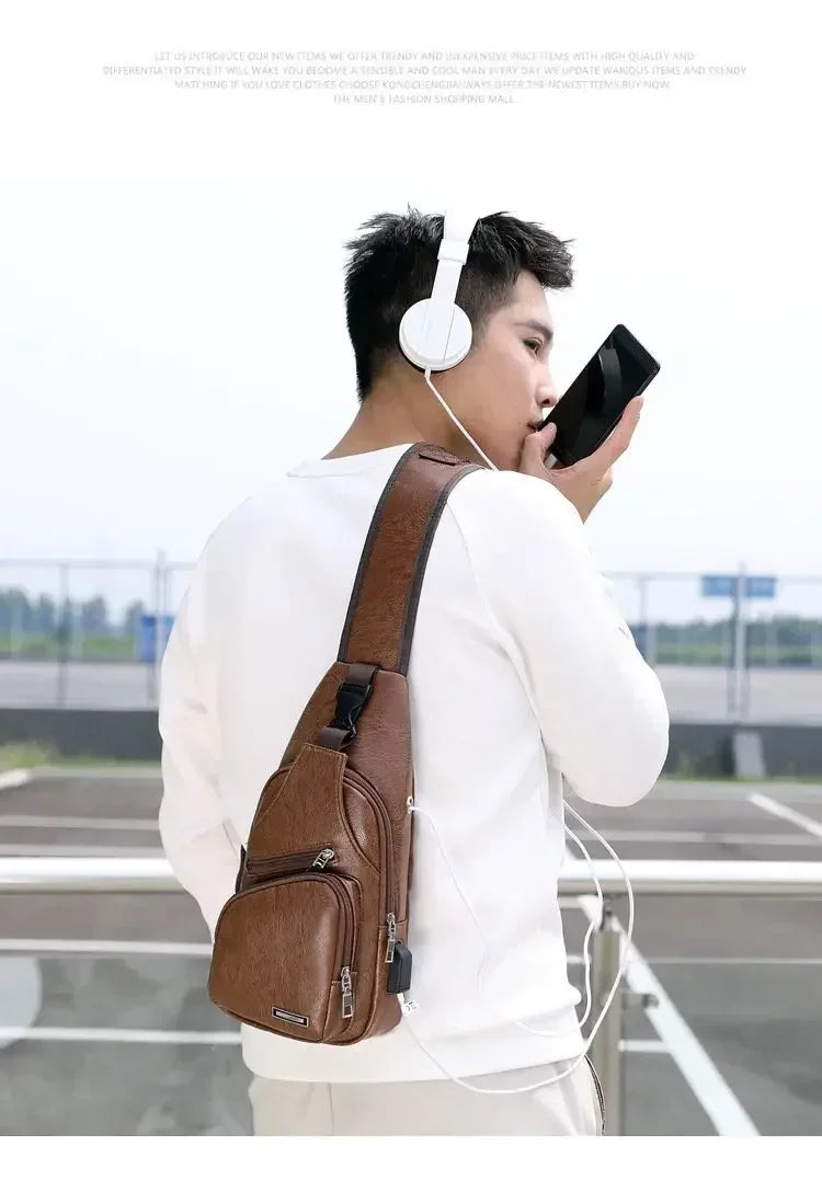Men's Chest Bags Pack Business Messenger USB Charging Fashion PU Leather Waist Outdoor Casual Sports Brand Single Shoulder Bag