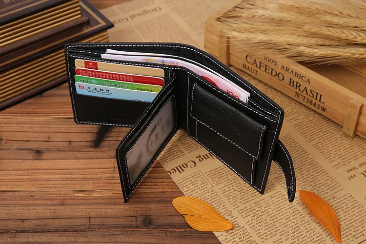 Genuine Leather Mens Wallet Premium Product Real Cowhide Wallets for Man Short Black Walet Portefeuille Homme Short Purses