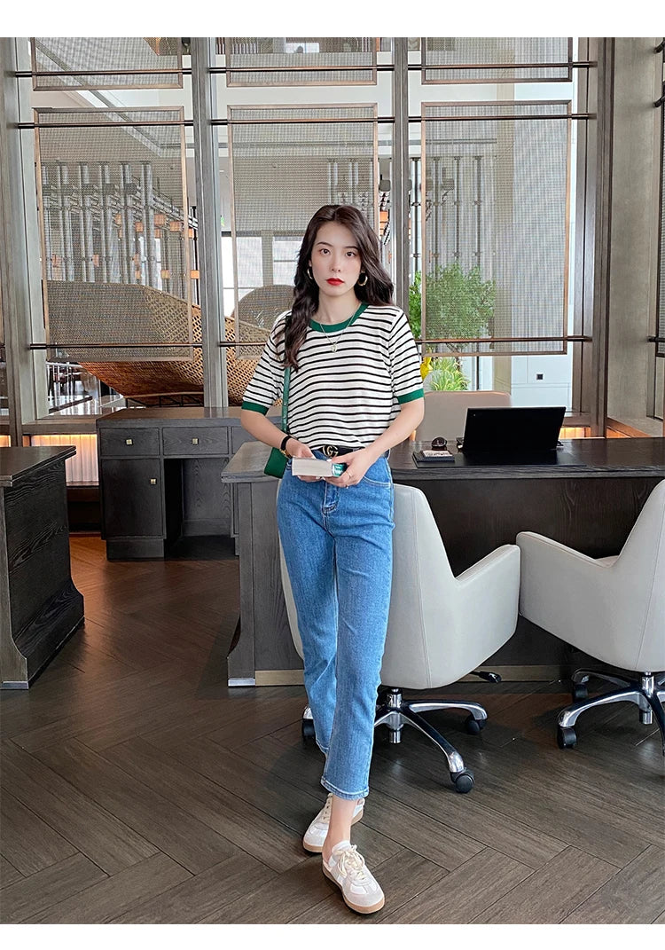 2026 Stripe Tops Women Knitted Round Collar Summer Print Short Sleeve Casual Simple Wild T-Shirt