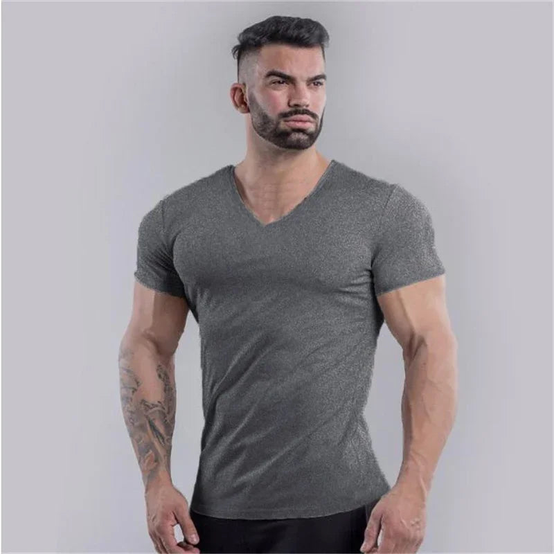 Mens Plain  Summer Cotton Breathable Short Sleeve Shirts Running V-neck T-shirt Gym Bodybuilding Fitness Workout Muscle Clothin