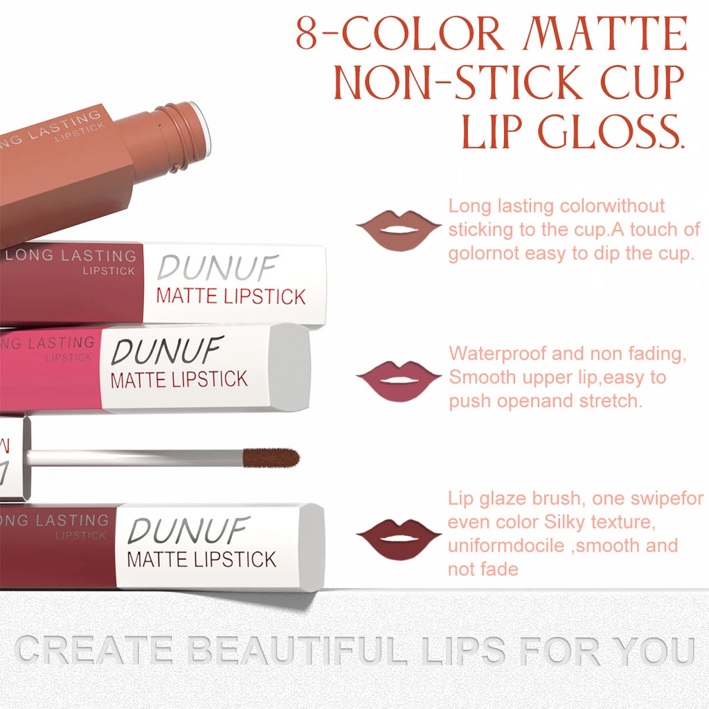 Long-Lasting Lip Gloss 1pcs: Matte Lipstick Non-Stick Cup Waterproof Nude Deep Red Mauve Christmas And Valentine's Day Gifts