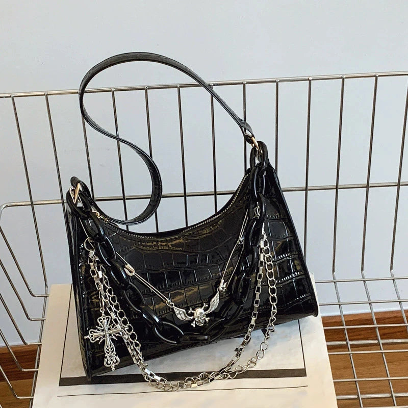 Cool Hot Girls Underarm Bags Purse Retro Punk Style Women Shoulder Handbags Chain Pu Leather Ladies Phone Crossbody Bag