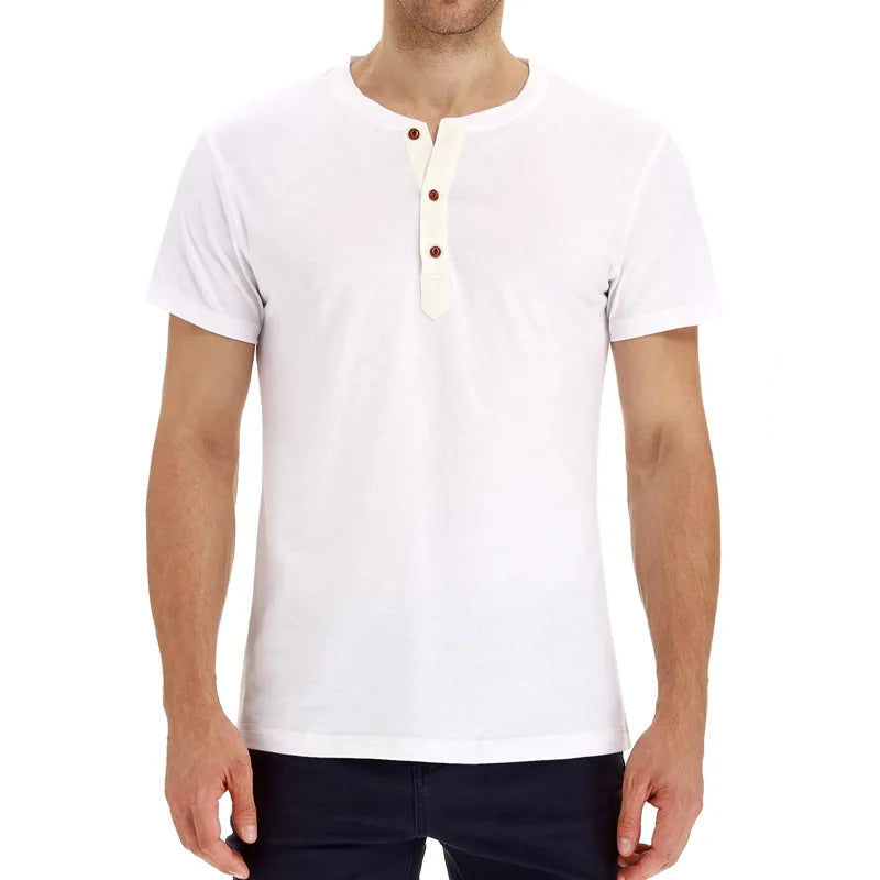 Summer Men T Shirt Short Sleeve Fashion Henley Collar Tshirt Solid Button Casual Men's Tshirts Cotton Tops Tees Mens Clothing