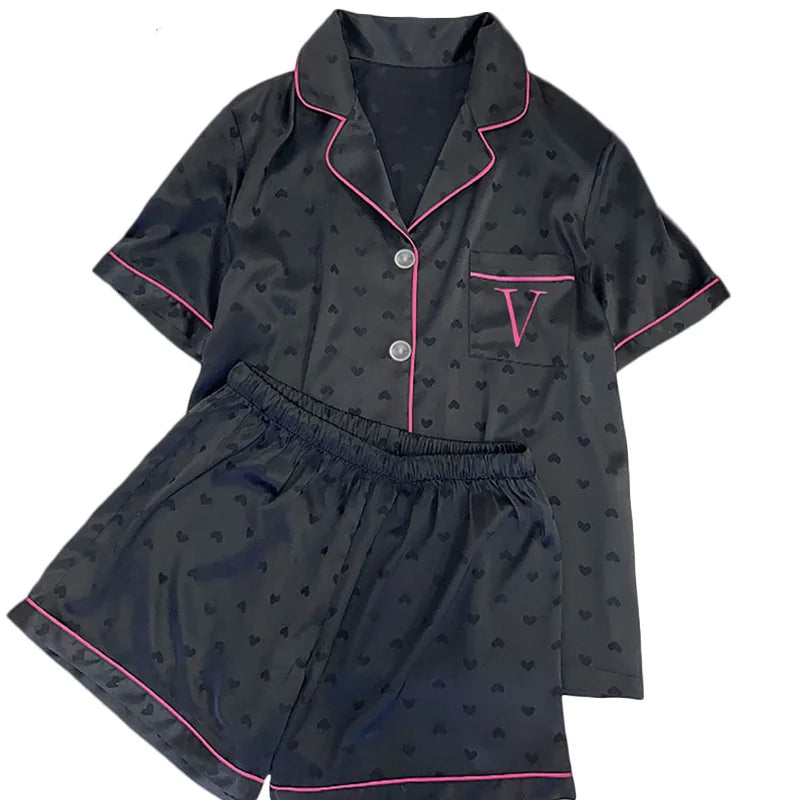 Summer Nightwear for Women: Ice-Silk Cool-Touch Short-Sleeved Premium Black Heart-Print Outerwear-Style Loungewear Fashion Set