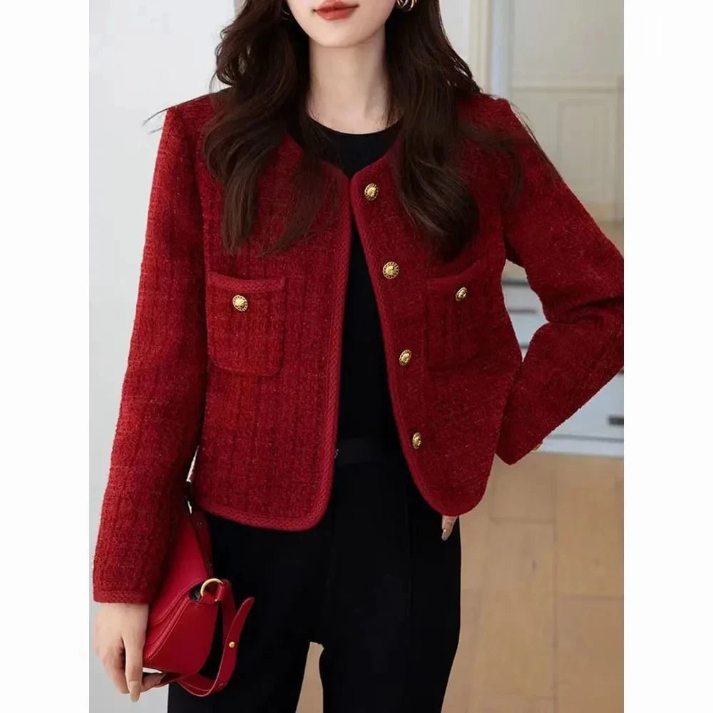 Women's Jacket 2024 Spring Autumn New Red Tweed Small Fragrance Coat Short Blazers Korean Fashion Elegant Female Tops Outerwear