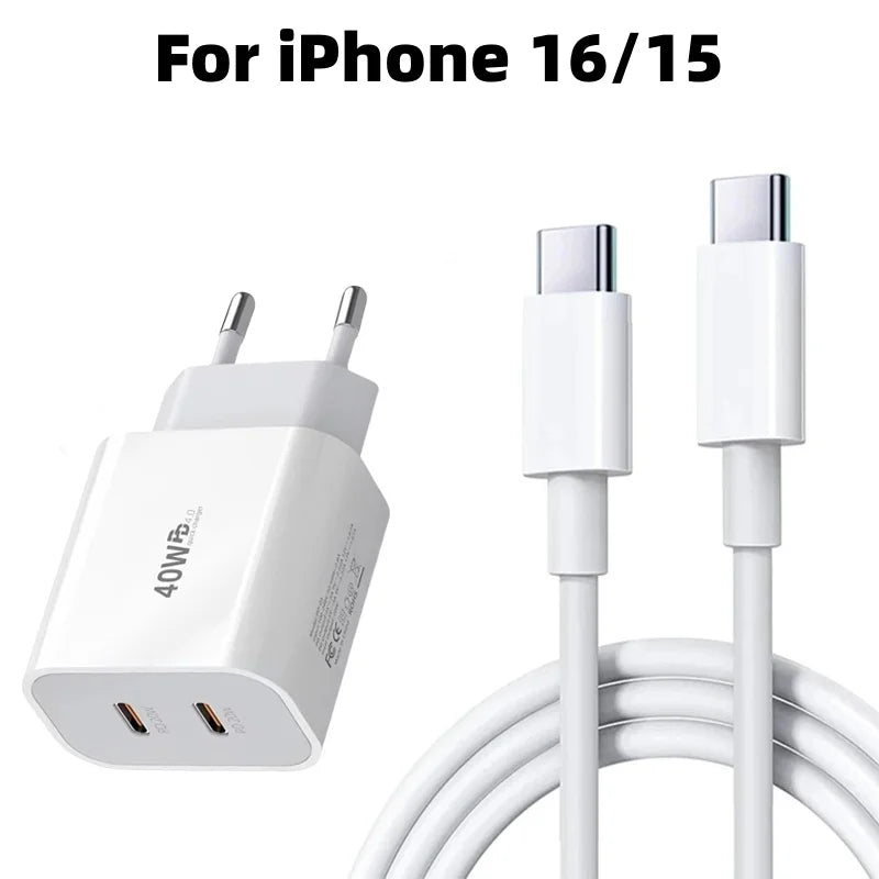 For Original 40W Type C Fast Charger For iPhone 16 15 14 13 12 11 Pro Max Plus PD Charging Cable Charger Phone Accessories