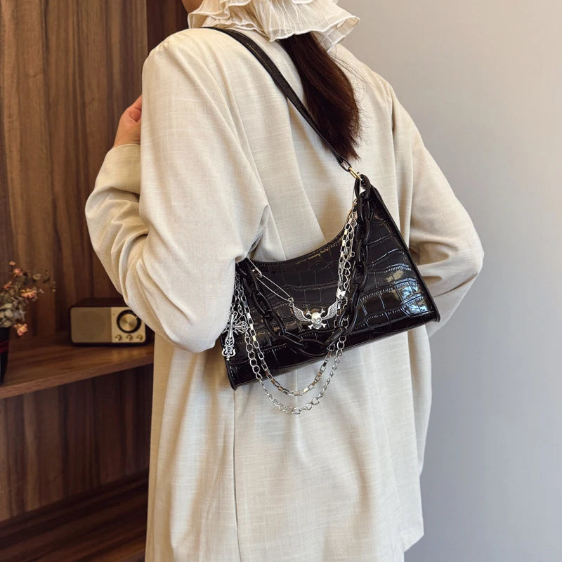 Cool Hot Girls Underarm Bags Purse Retro Punk Style Women Shoulder Handbags Chain Pu Leather Ladies Phone Crossbody Bag