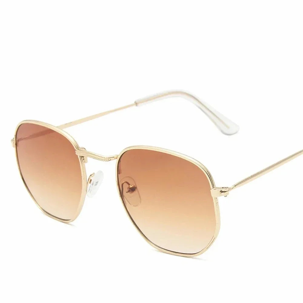 Men Sunglases Hexagon Sun Glasses NEW Women Metal Frame Fishing Glasses Gold tea Eyewear Lentes De Sol Hombre Okulary UV400