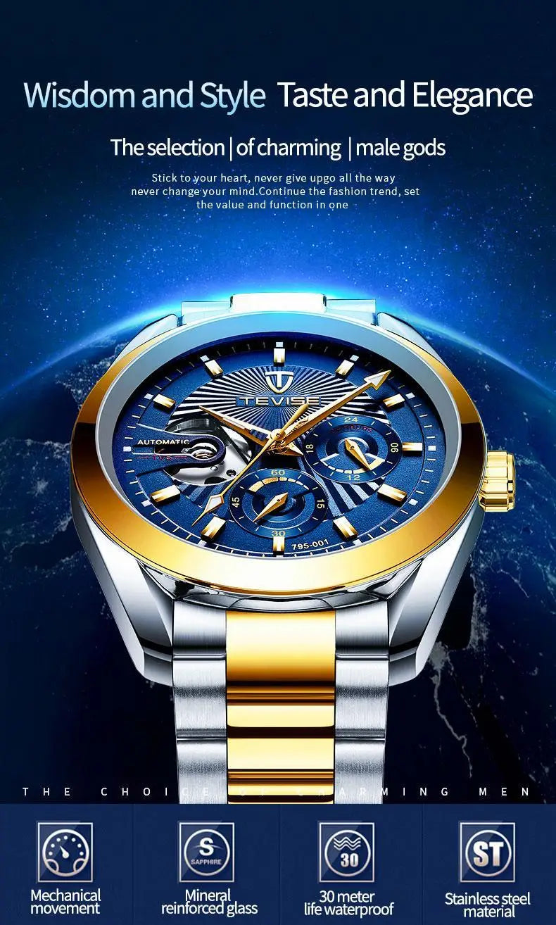 TEVISE men's watch - a business mechanical watch for fashionable men. High quality, suitable for daily wear in both formal and c